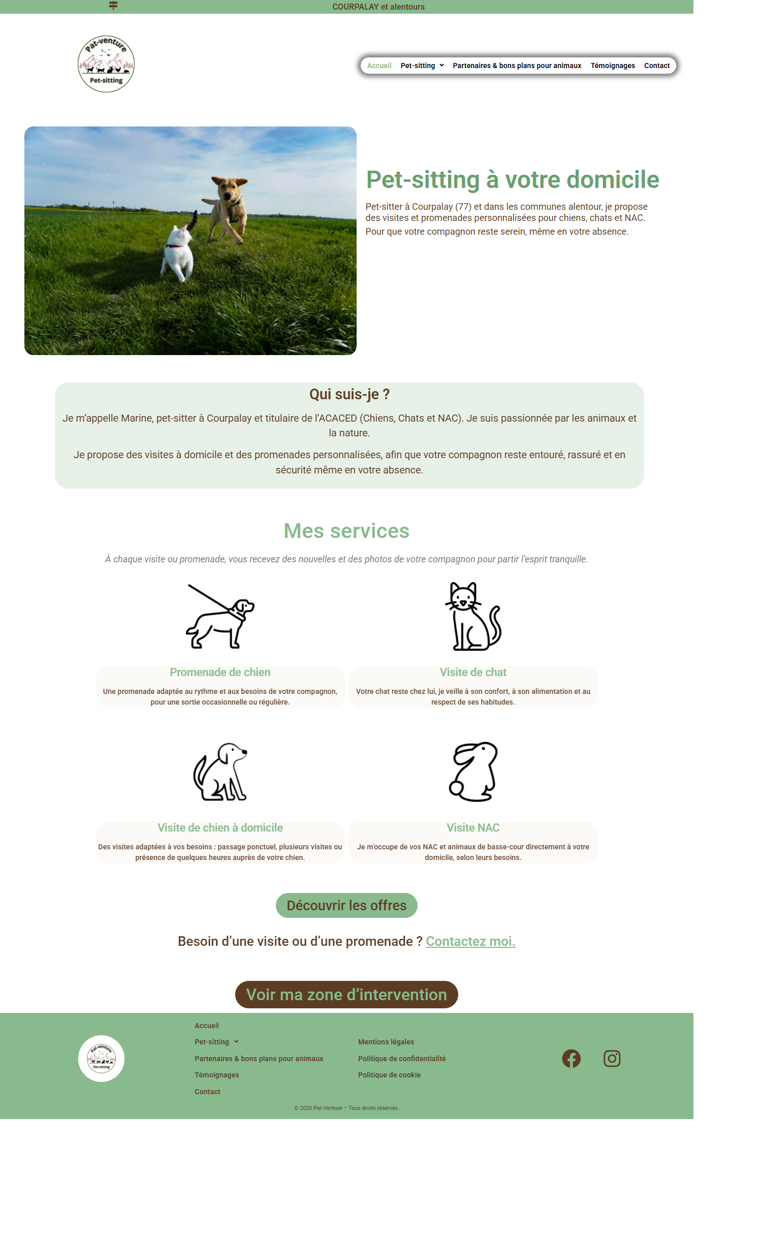 Aperçu du site internet Pat-Venture consacré aux services de pet-sitting